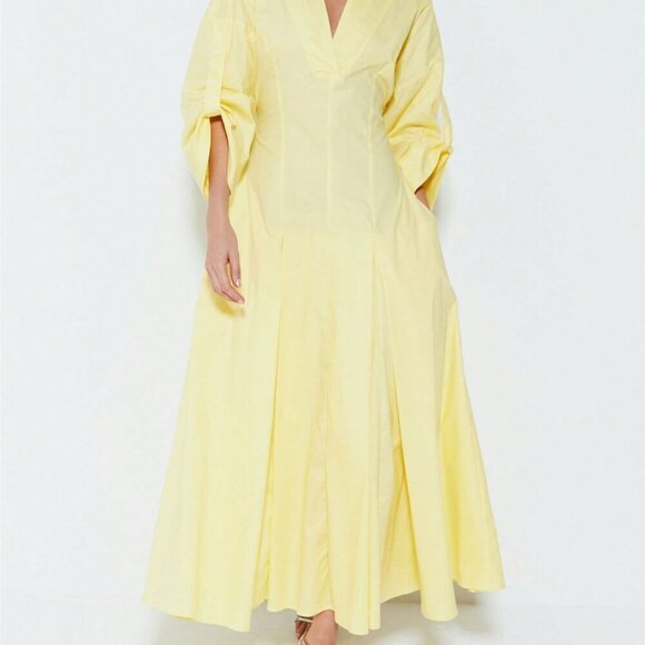Yellow Elegant Women's V-Neck Long Sleeve Flared Hem Chic Maxi Dress - Picture 3 of 4